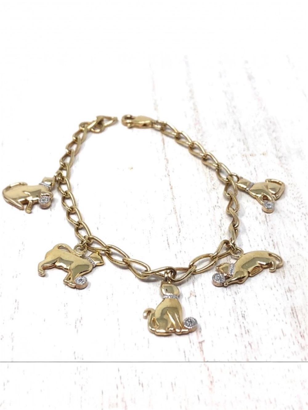 Sterling silver with gold overlay genuine diamond chips cat charm bracelet